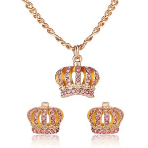 Pink Crystal Crown Pendant Necklace & Stud Earrings Set