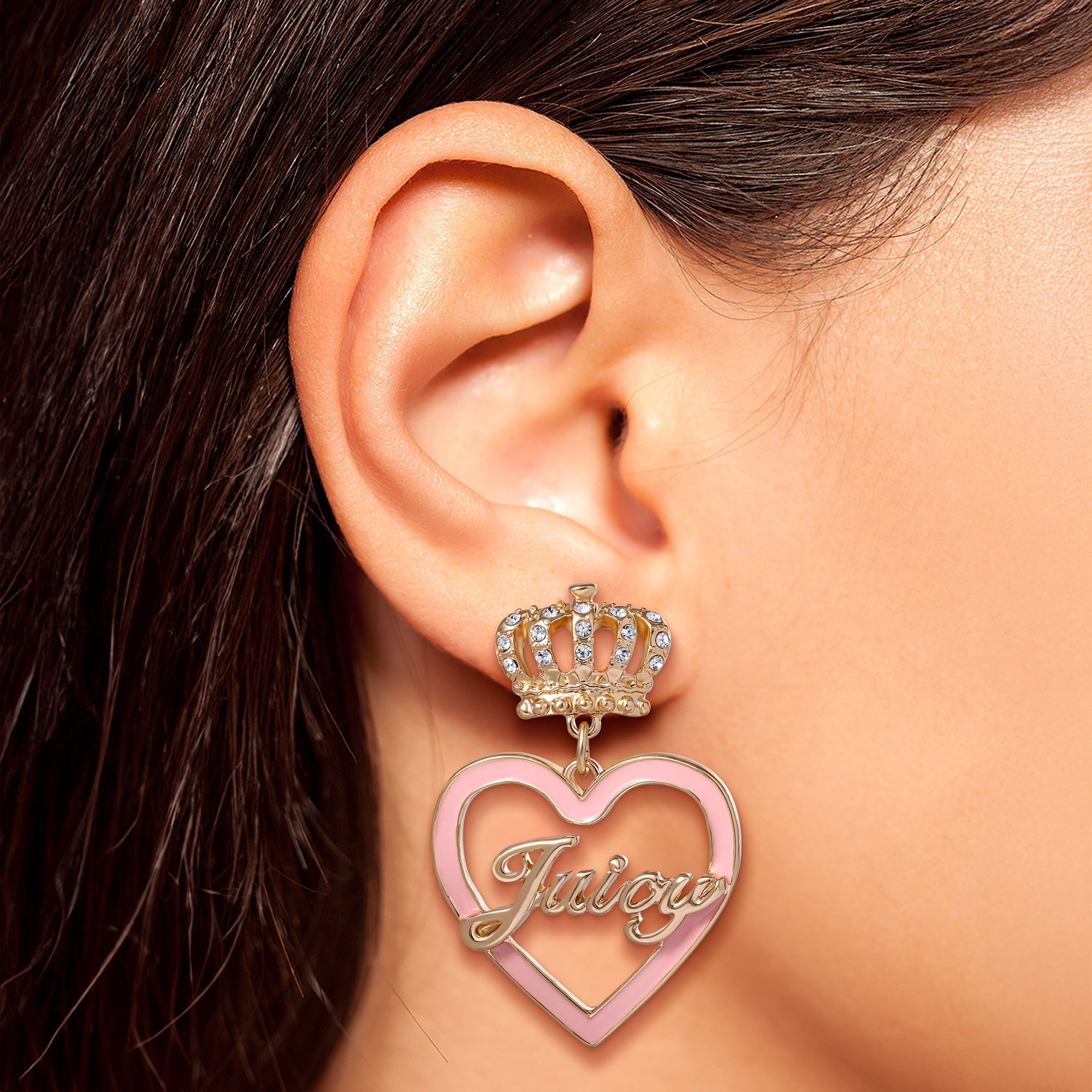 Crown & Pink Heart Drop Earrings - Image 2