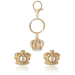Gold-Tone Crystal Crown Keychain Bag Charm & Earring Set