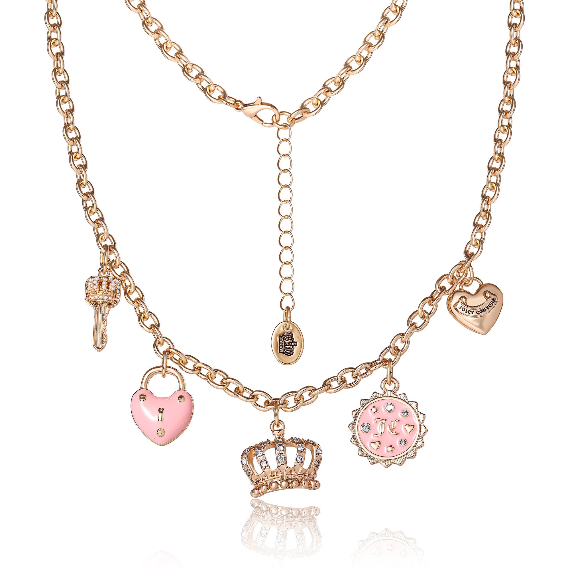 Charm Necklace with Pink Enamel Accents and Crystal Details - Image 3