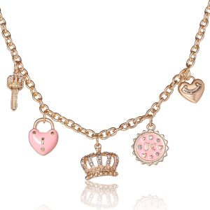 Charm Necklace with Pink Enamel Accents and Crystal Details