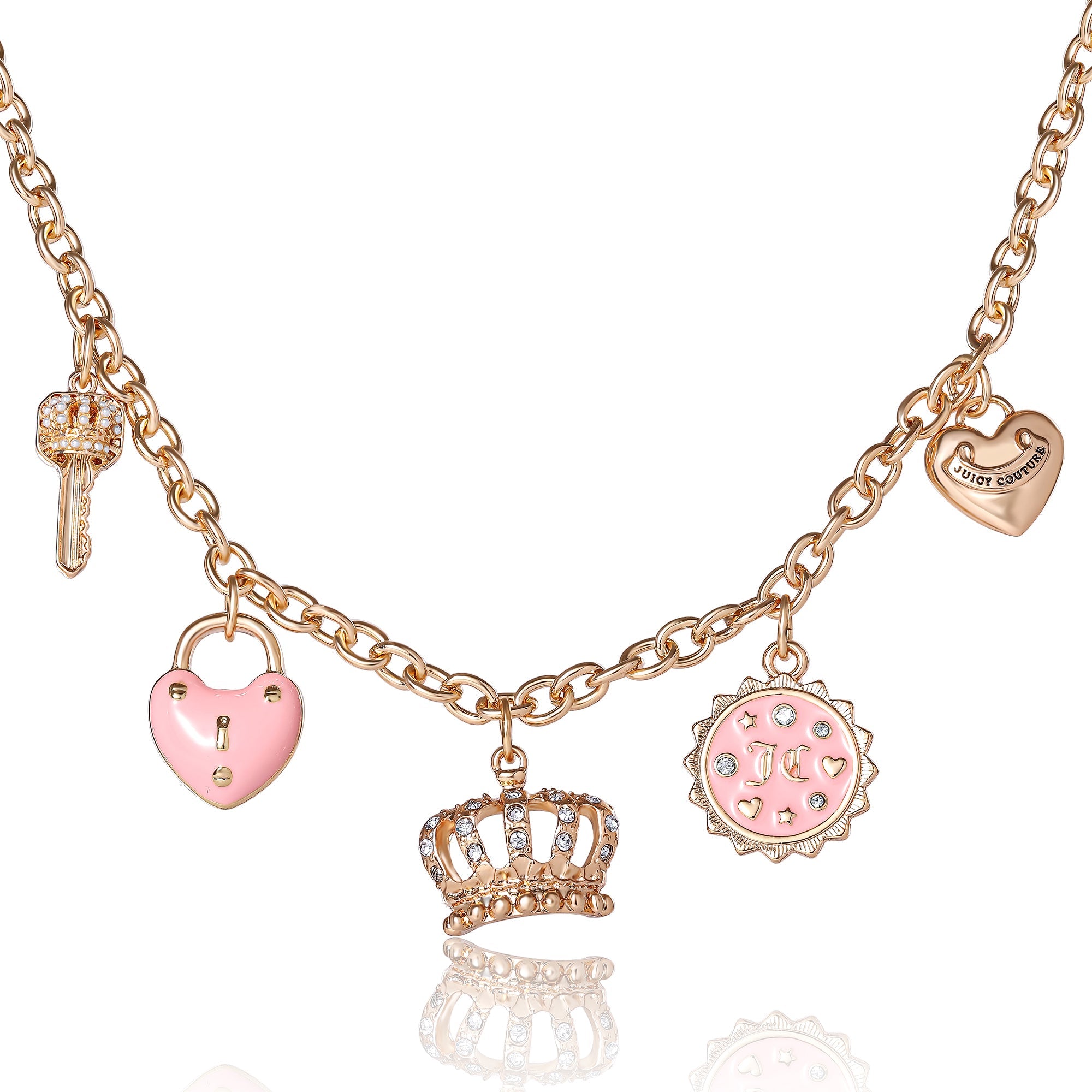 Charm Necklace with Pink Enamel Accents and Crystal Details
