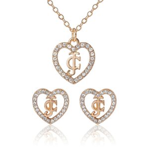 Gold-Tone Pav?? Heart Necklace & Stud Earrings Set