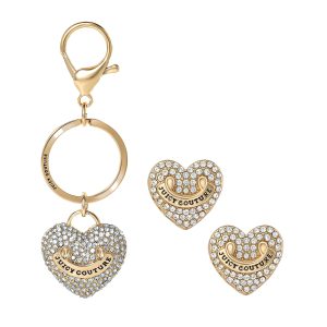 Gold-Tone Pave Heart Keychain Bag Charm & Earrings Set